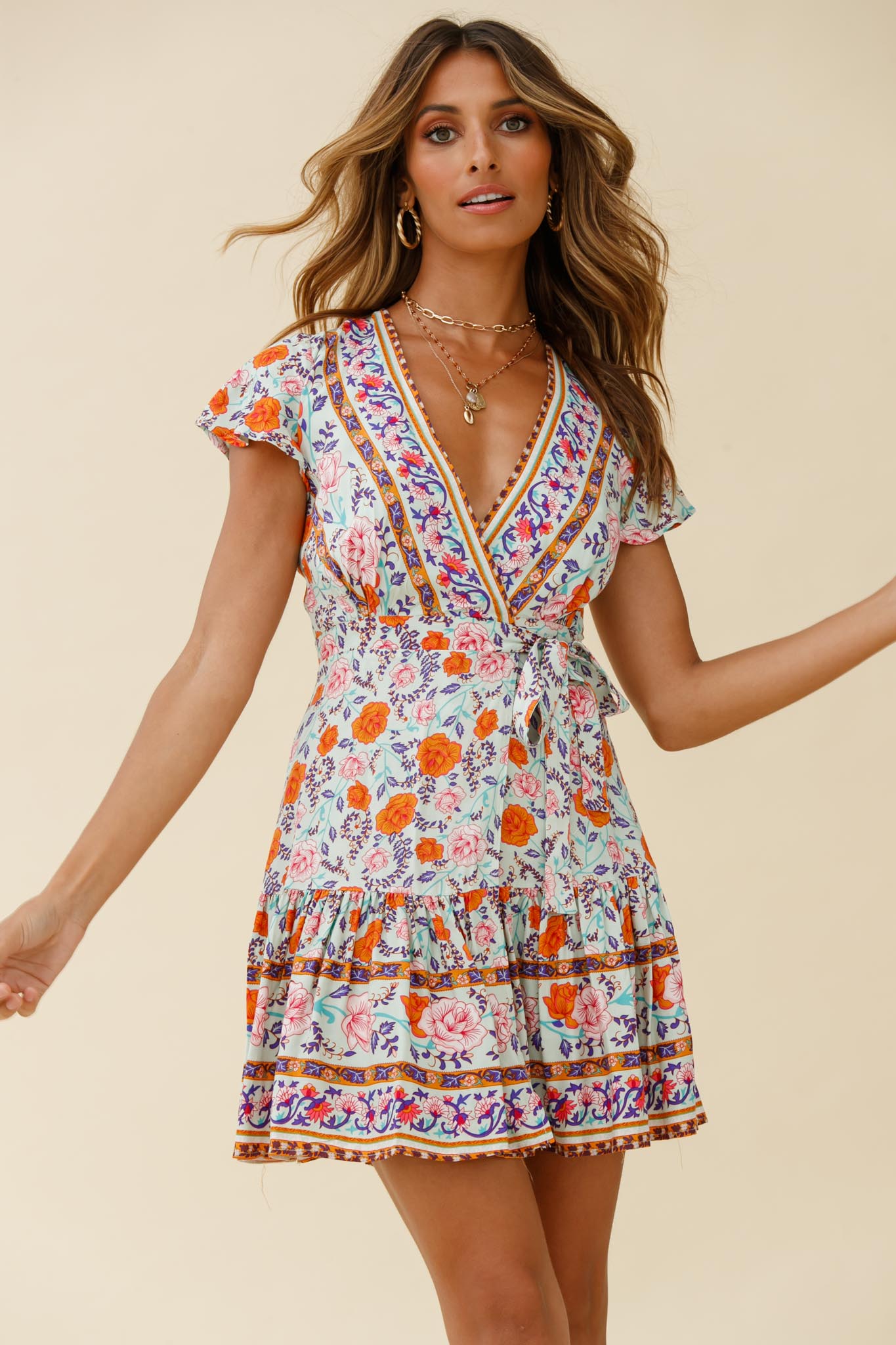 Mayan Angel Sleeve Waist Tie Wrap Dress Floral Print Mint/Pink by Selfie Leslie