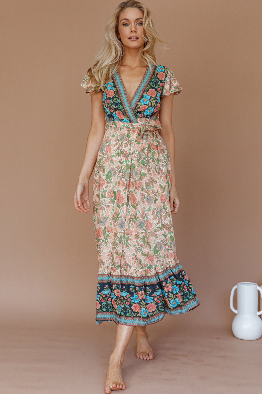 Mayan Angel Sleeve Wrap Midi Dress Floral Nude by Selfie Leslie Australia