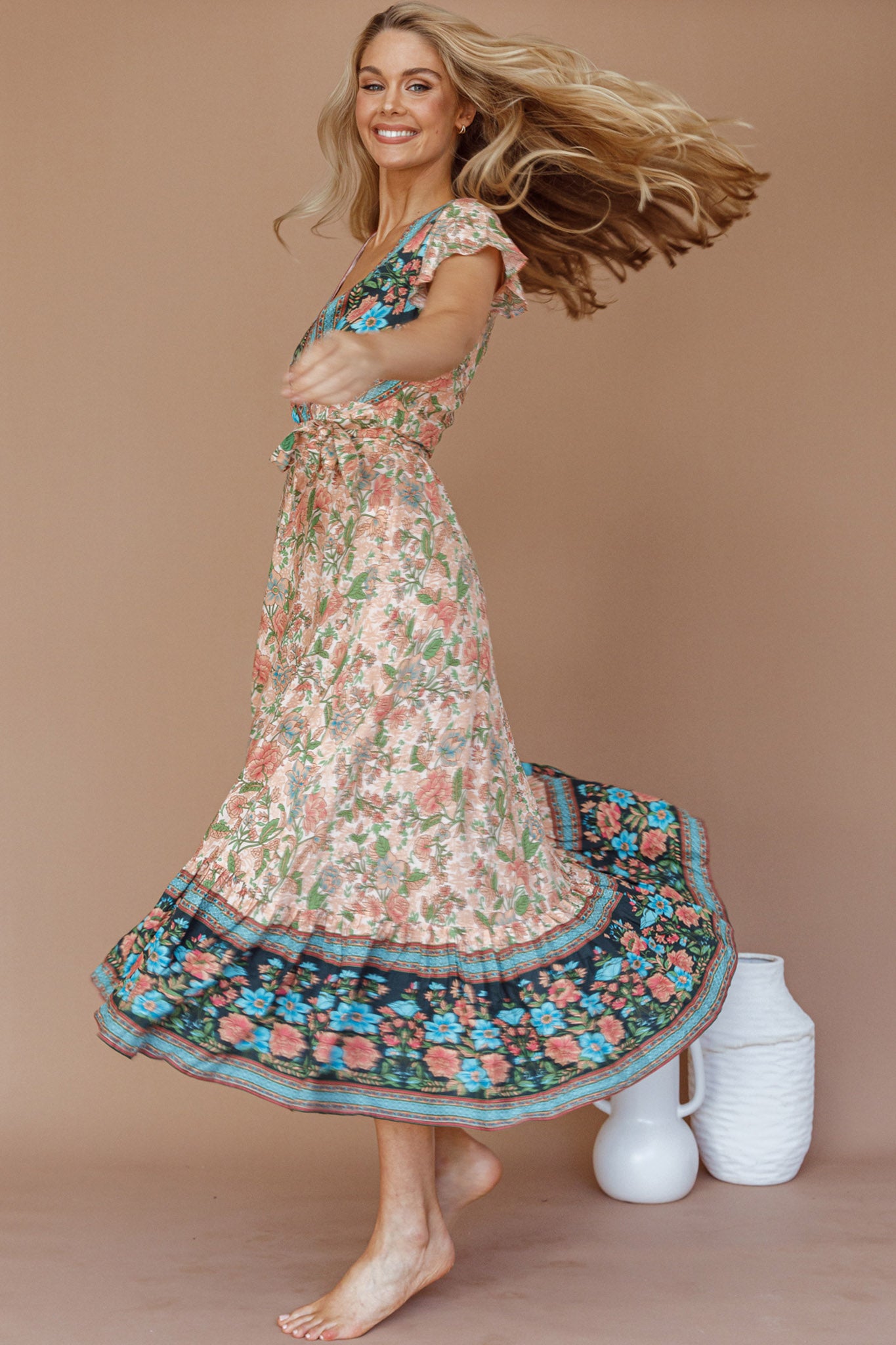 Mayan Angel Sleeve Wrap Midi Dress Floral Nude by Selfie Leslie Australia