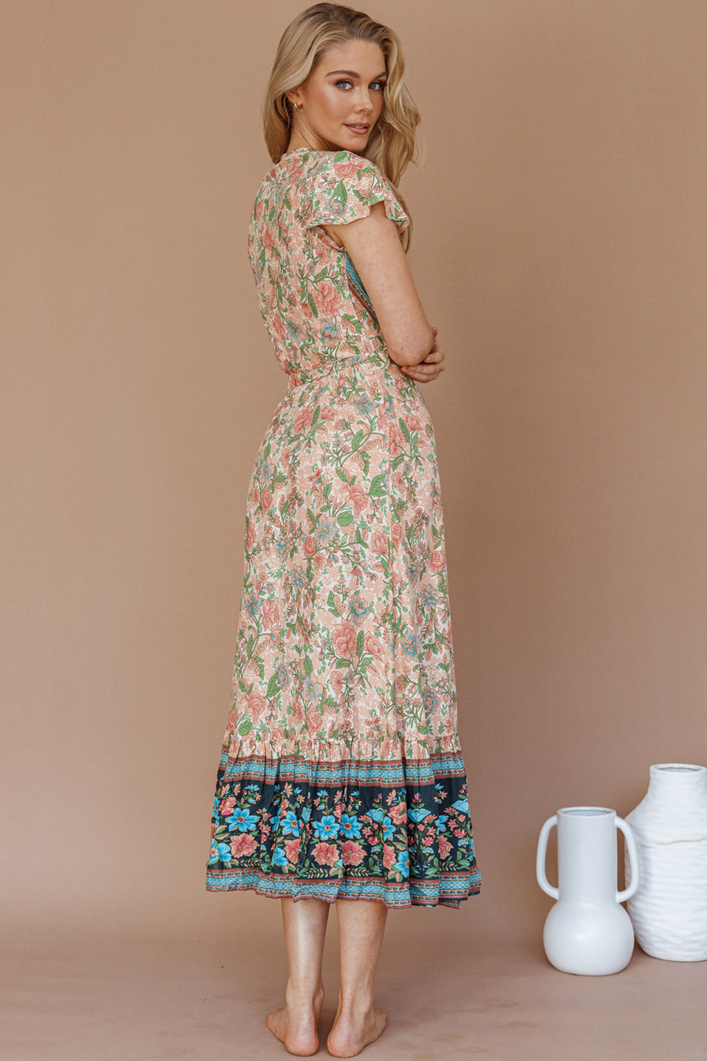 Mayan Angel Sleeve Wrap Midi Dress Floral Nude by Selfie Leslie Australia