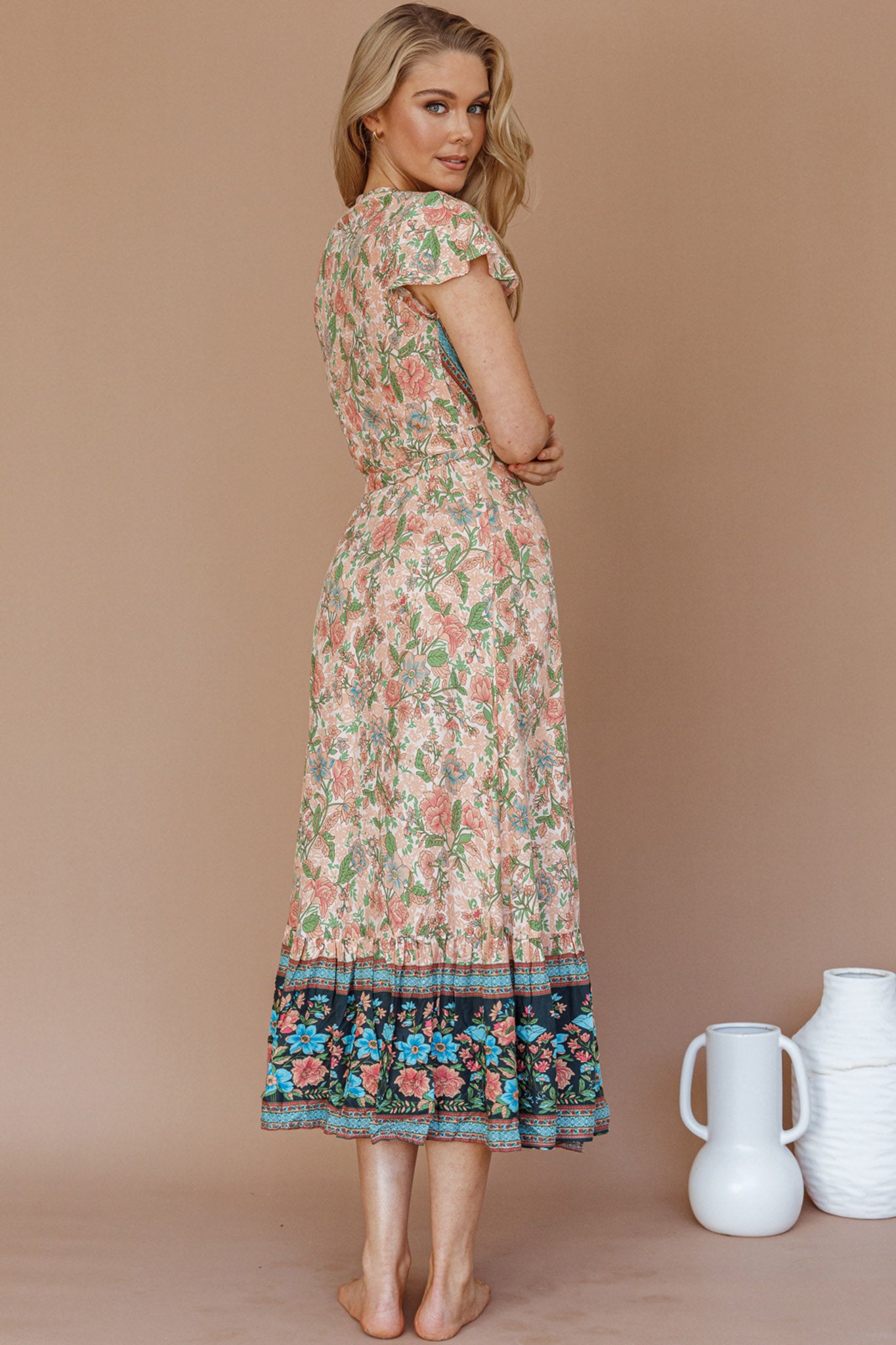 Mayan Angel Sleeve Wrap Midi Dress Floral Nude by Selfie Leslie Australia