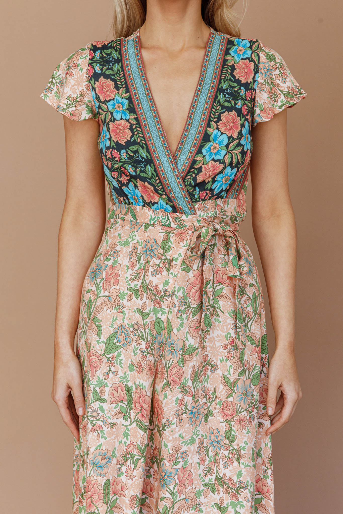 Mayan Angel Sleeve Wrap Midi Dress Floral Nude by Selfie Leslie Australia