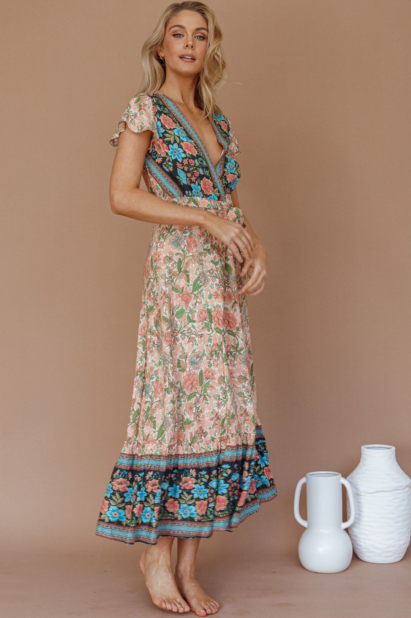 Mayan Angel Sleeve Wrap Midi Dress Floral Nude by Selfie Leslie Australia