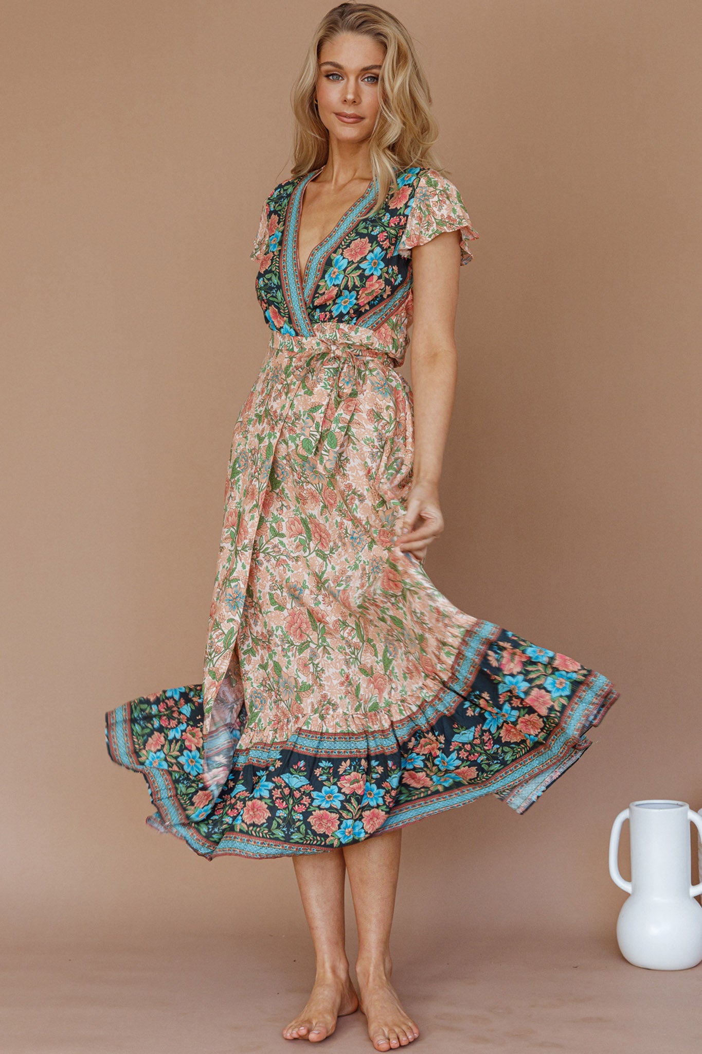 Mayan Angel Sleeve Wrap Midi Dress Floral Nude by Selfie Leslie Australia