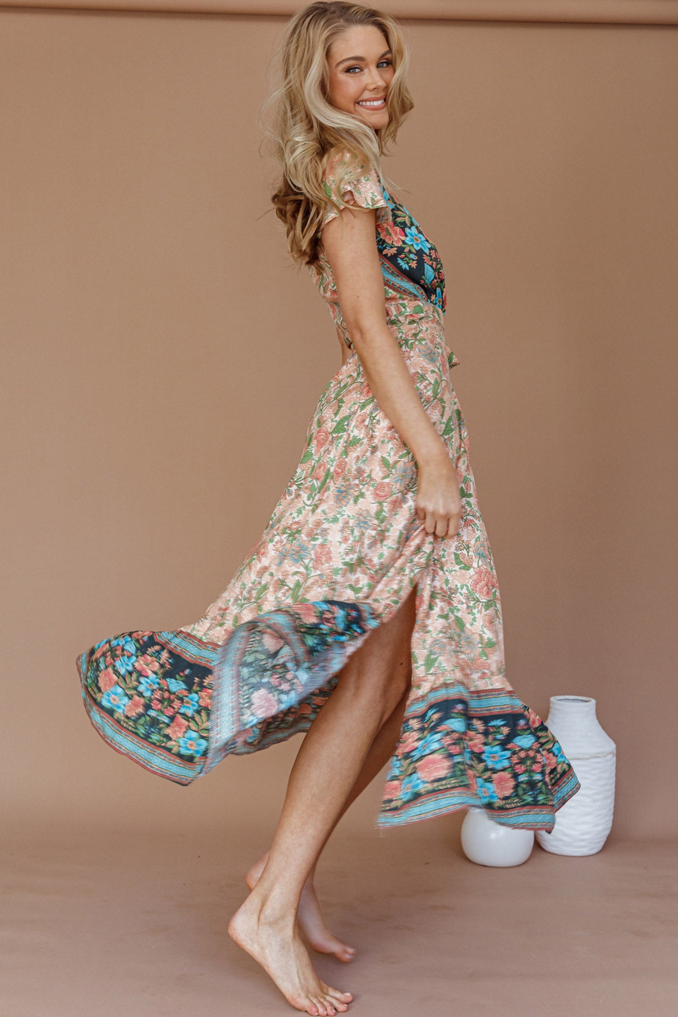 Mayan Angel Sleeve Wrap Midi Dress Floral Nude by Selfie Leslie Australia