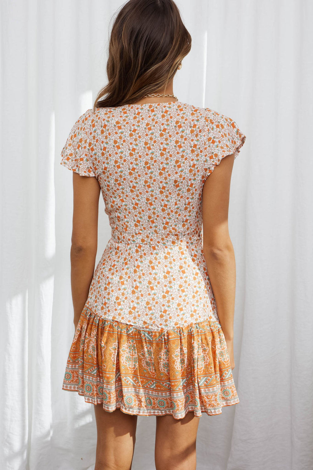 Mayan Angel Sleeve Waist Tie Wrap Dress Floral Print Orange by Selfie Leslie