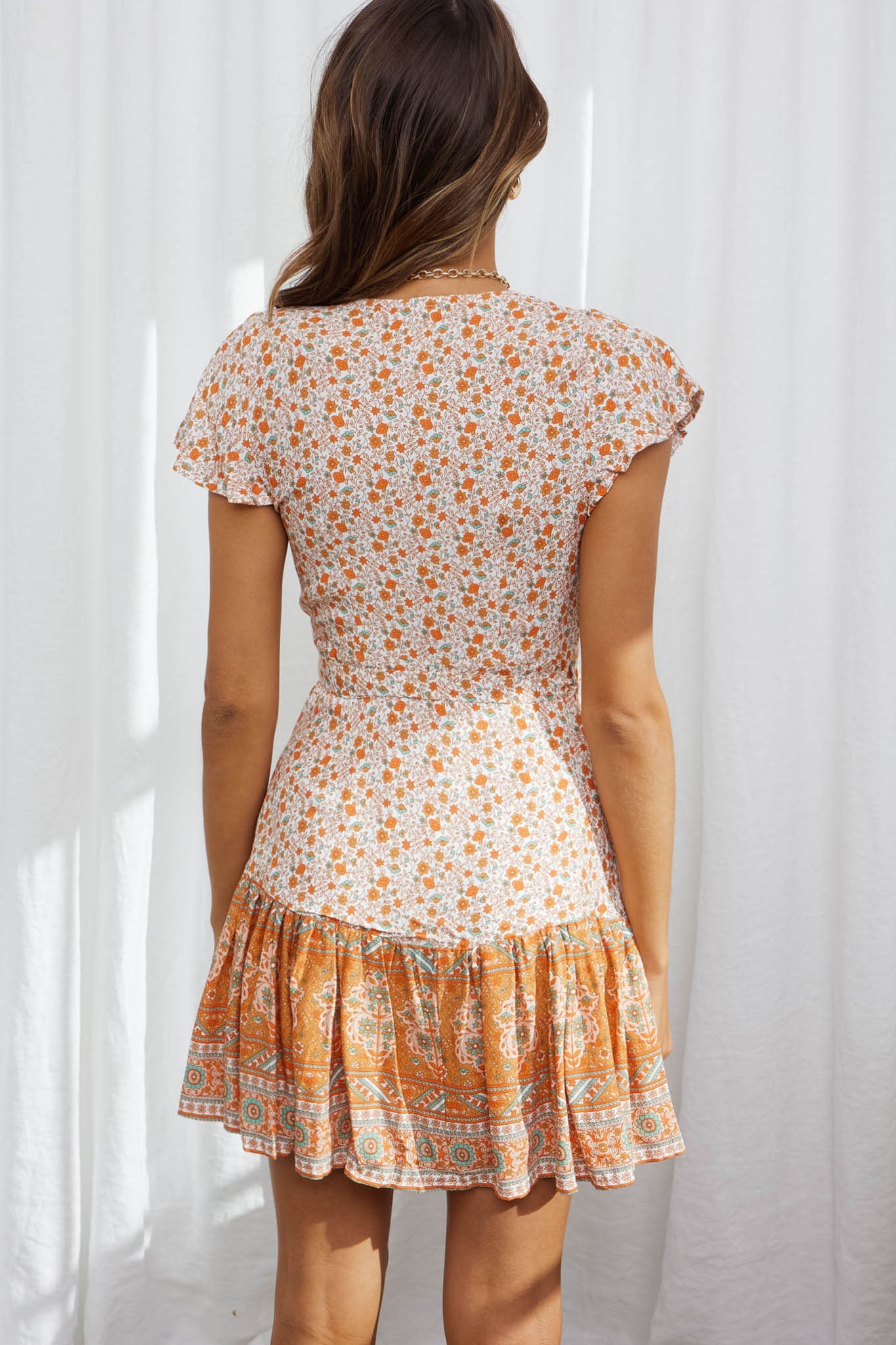 Mayan Angel Sleeve Waist Tie Wrap Dress Floral Print Orange by Selfie Leslie