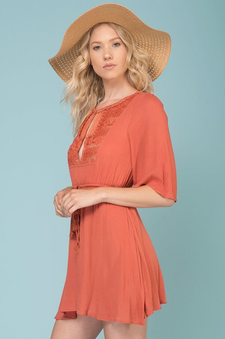 Kayla Tie Waist Crochet Details Dress Rose by Selfie Leslie