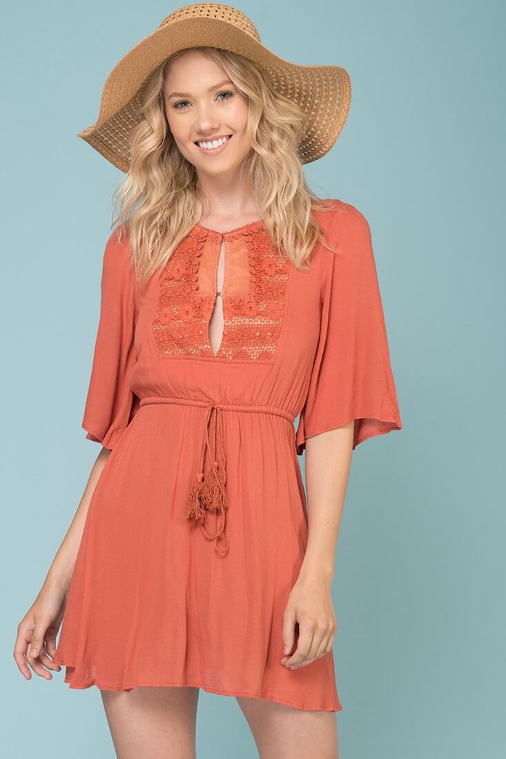 Kayla Tie Waist Crochet Details Dress Rose by Selfie Leslie