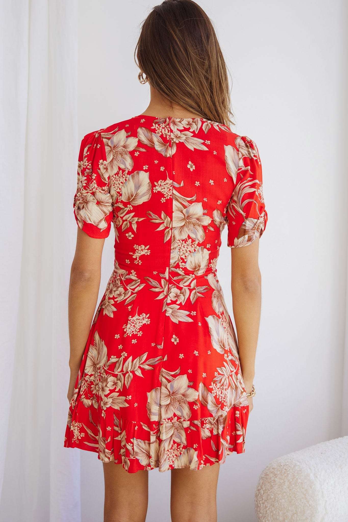 Georgina Ruched Sleeve Tea Dress Floral Bouquet Red by Selfie Leslie
