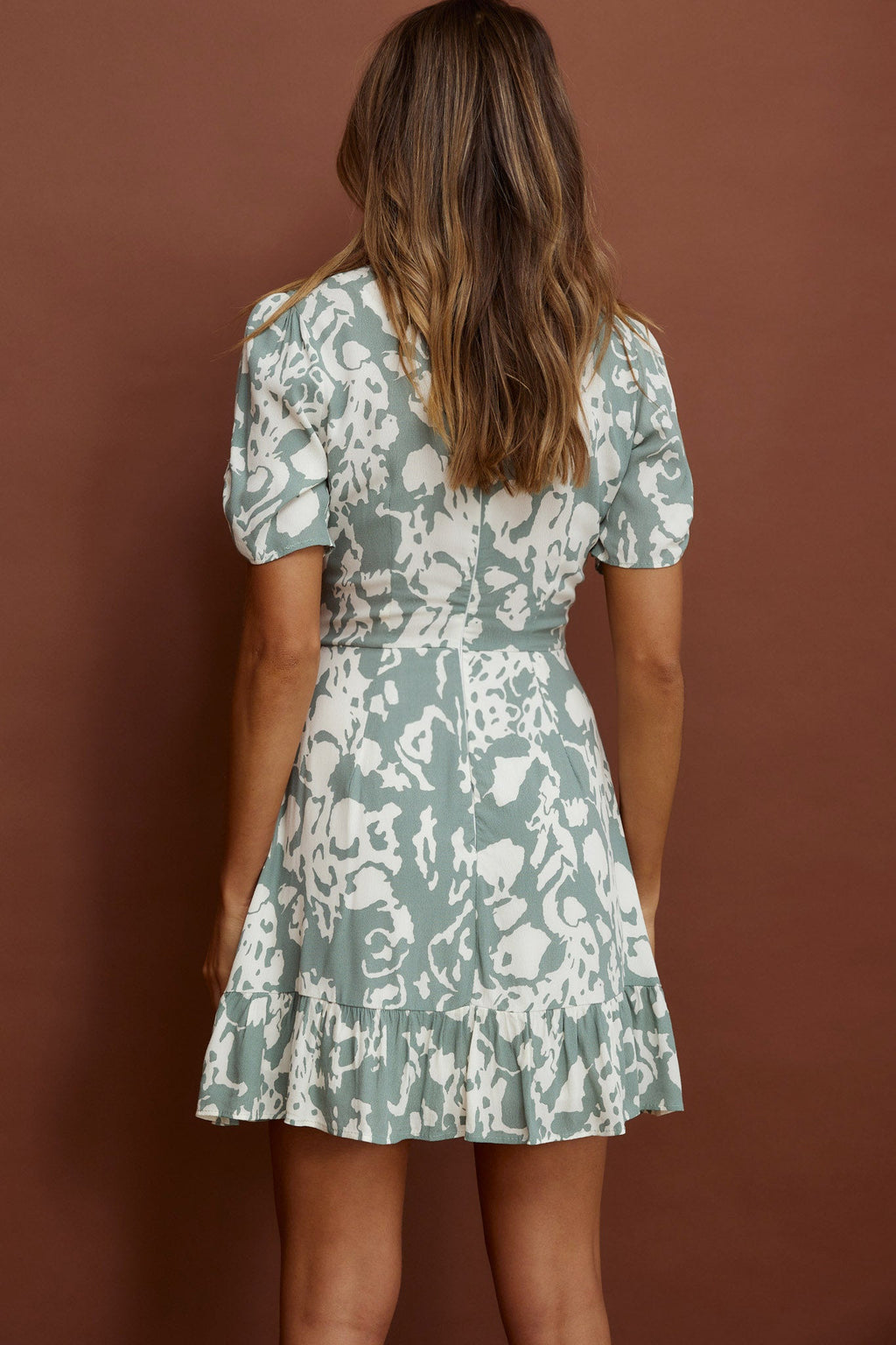 Georgina Ruched Sleeve Tea Dress Stencil Print Sage by Selfie Leslie
