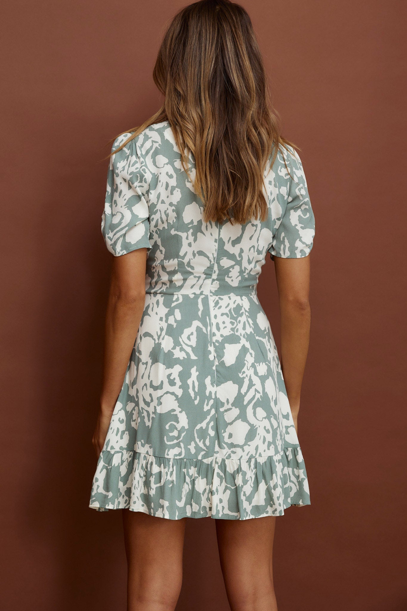 Georgina Ruched Sleeve Tea Dress Stencil Print Sage by Selfie Leslie