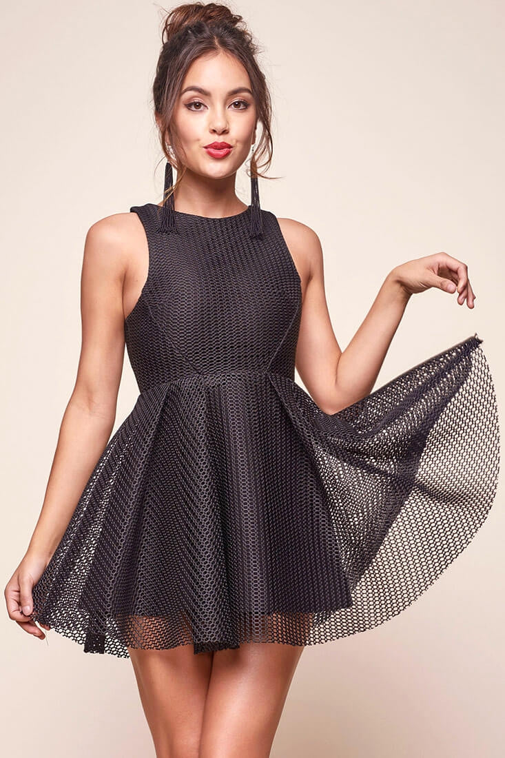 Idina Mesh Overlay Holiday Dress Black by Selfie Leslie