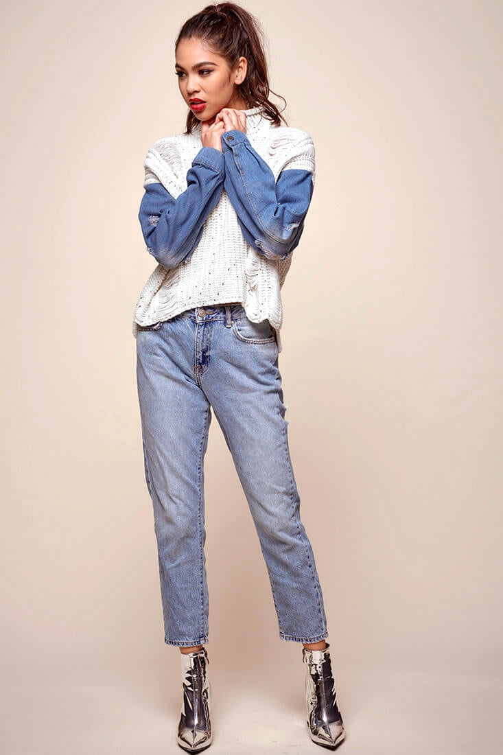 Dawn Denim Sleeved Knit Sweater Marble Blue by Selfie Leslie