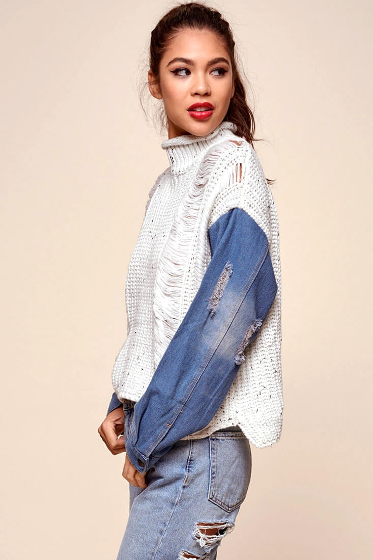 Dawn Denim Sleeved Knit Sweater Marble Blue by Selfie Leslie