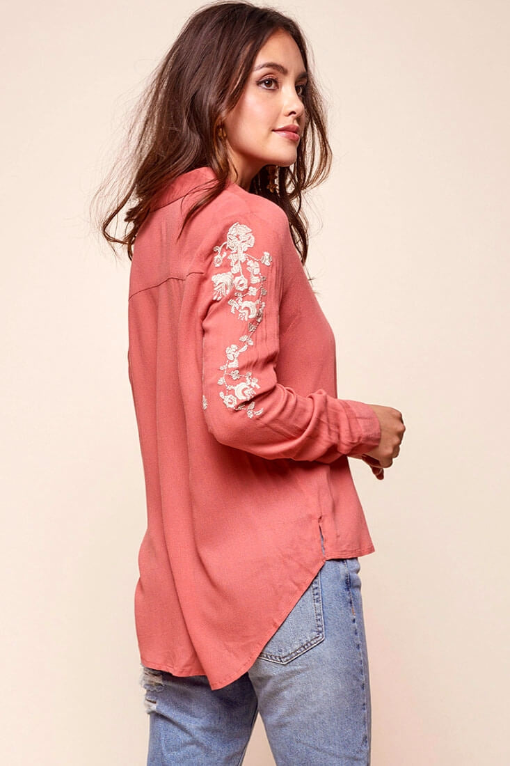 Issa Floral Sleeved Button Up Top Rust by Selfie Leslie