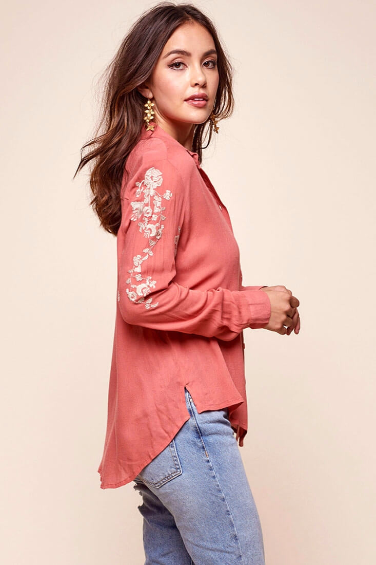 Issa Floral Sleeved Button Up Top Rust by Selfie Leslie