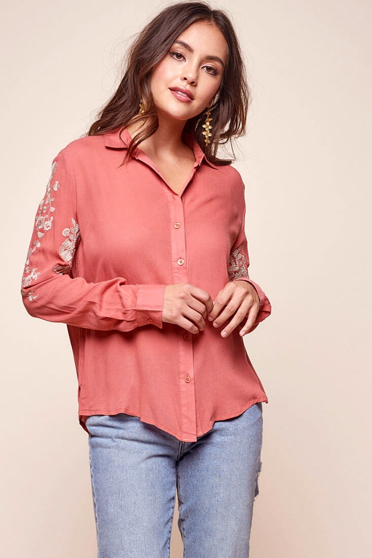 Issa Floral Sleeved Button Up Top Rust by Selfie Leslie