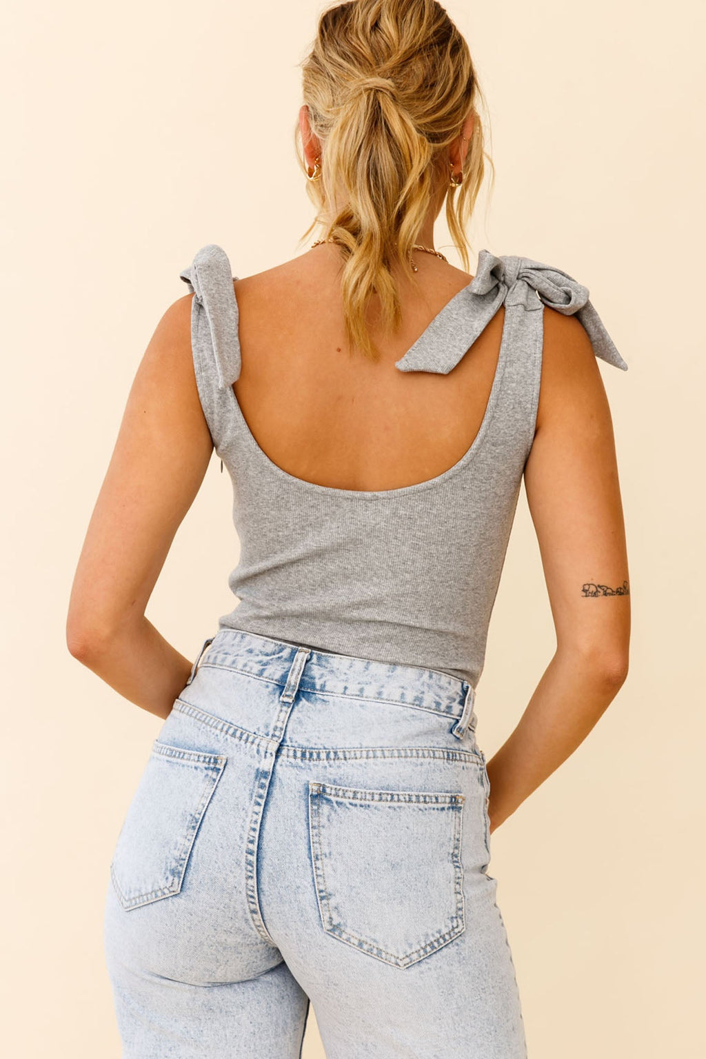 Can't Stop Me Bow Shoulder Bodysuit Grey Marle by Selfie Leslie