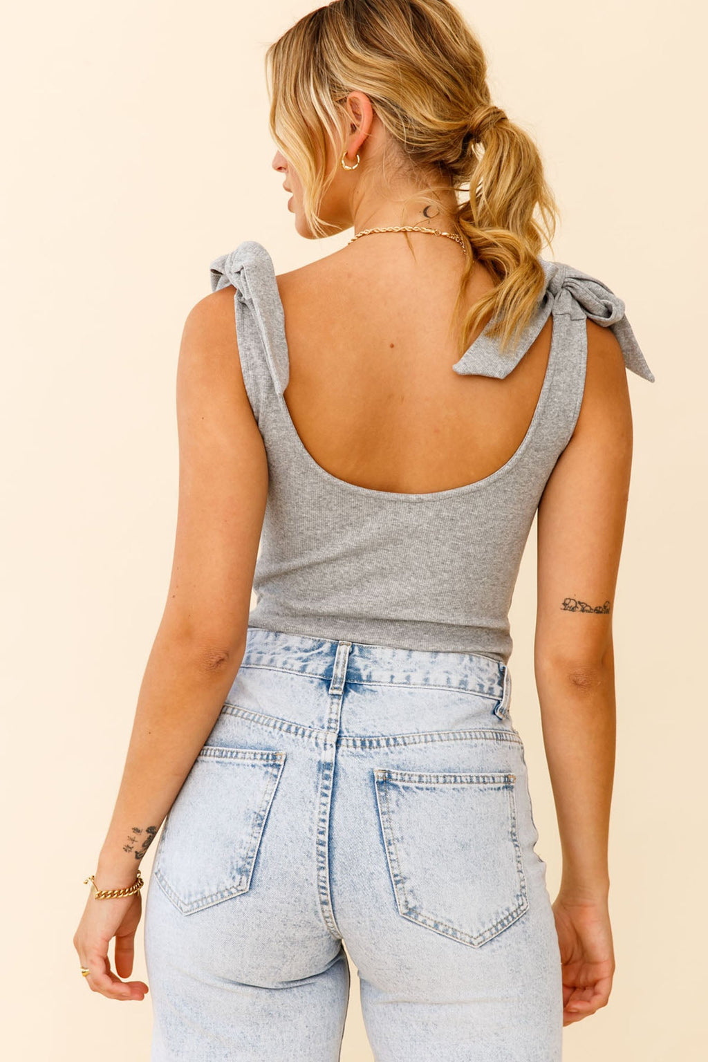 Can't Stop Me Bow Shoulder Bodysuit Grey Marle by Selfie Leslie