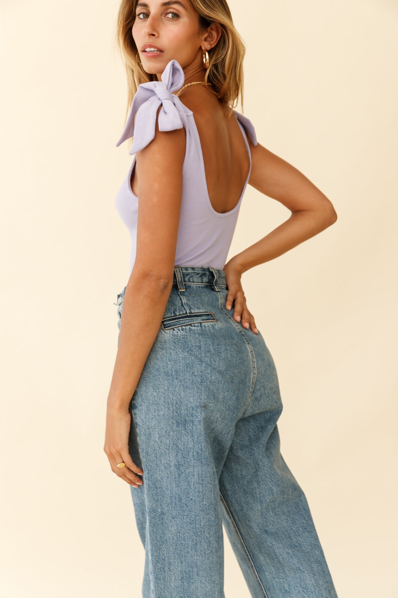 Can't Stop Me Bow Shoulder Bodysuit Lilac by Selfie Leslie