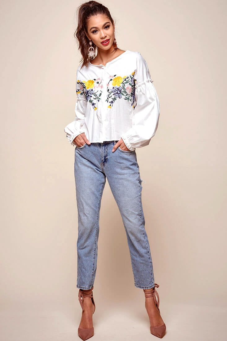 Olivia Floral Embroidered Cinched Wrist Shirt White by Selfie Leslie