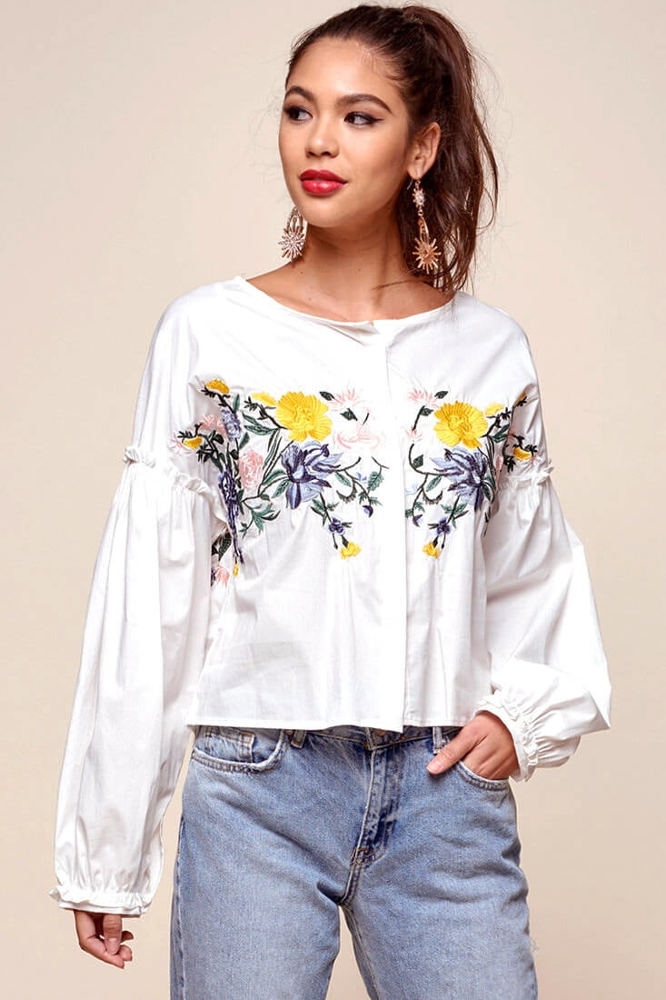 Olivia Floral Embroidered Cinched Wrist Shirt White by Selfie Leslie