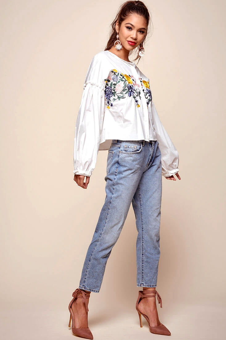 Olivia Floral Embroidered Cinched Wrist Shirt White by Selfie Leslie