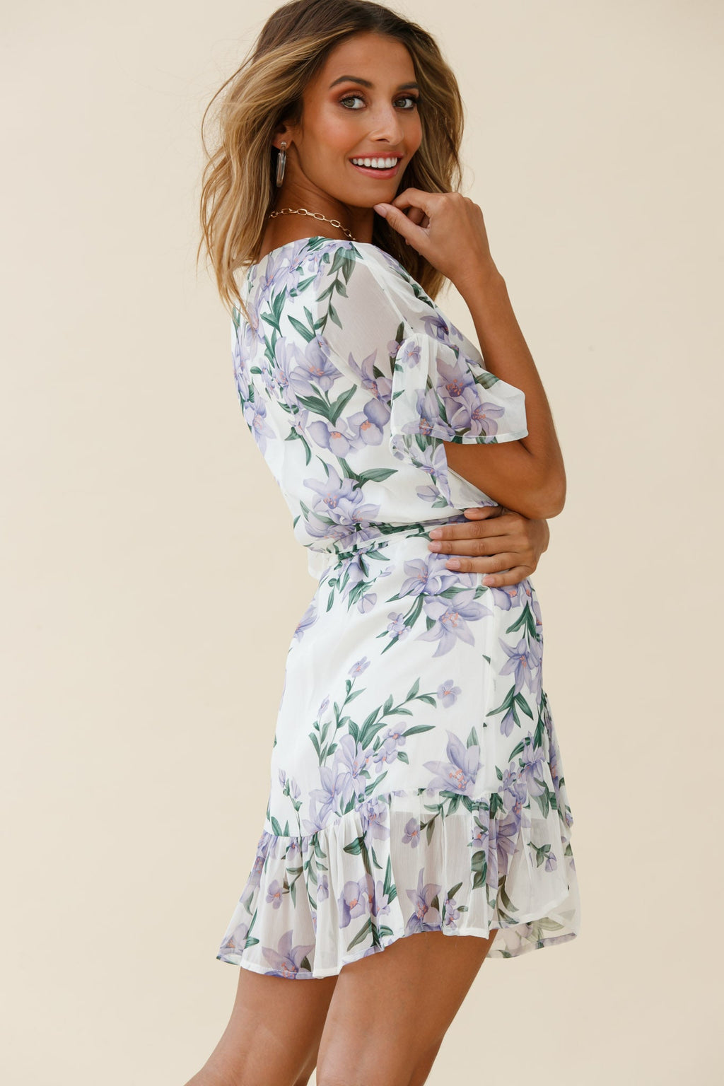 Azealia  Ruffle Hem Dress Flower Print White by Selfie Leslie