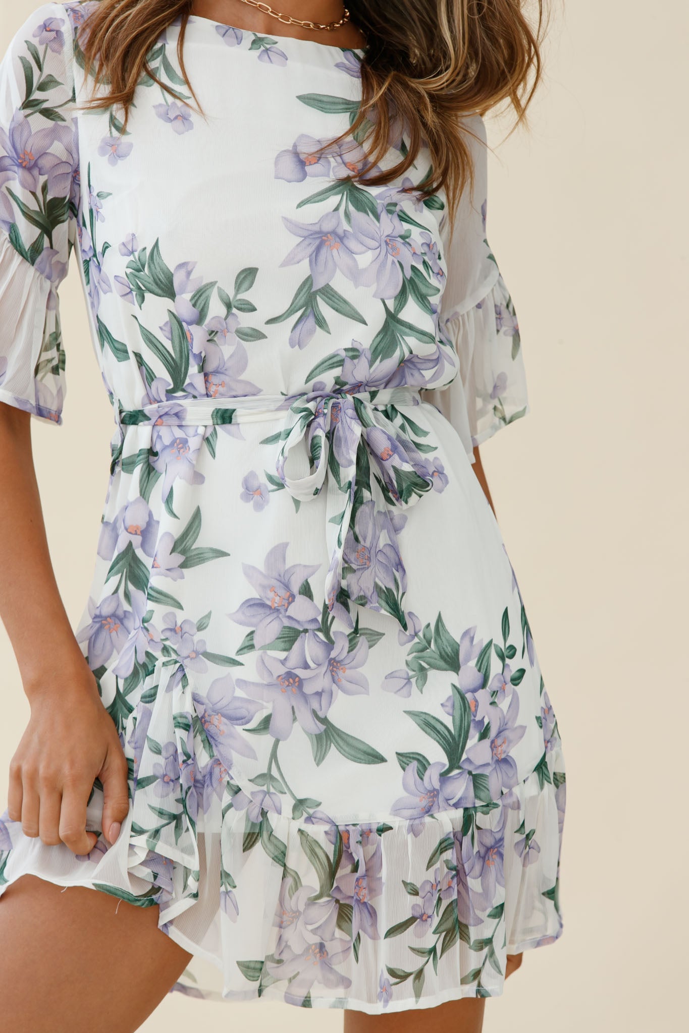 Azealia  Ruffle Hem Dress Flower Print White by Selfie Leslie
