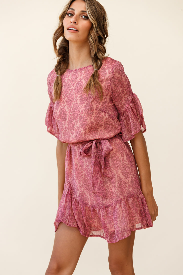Azealia Ruffle Hem Dress Floral Pattern Pink by Selfie Leslie