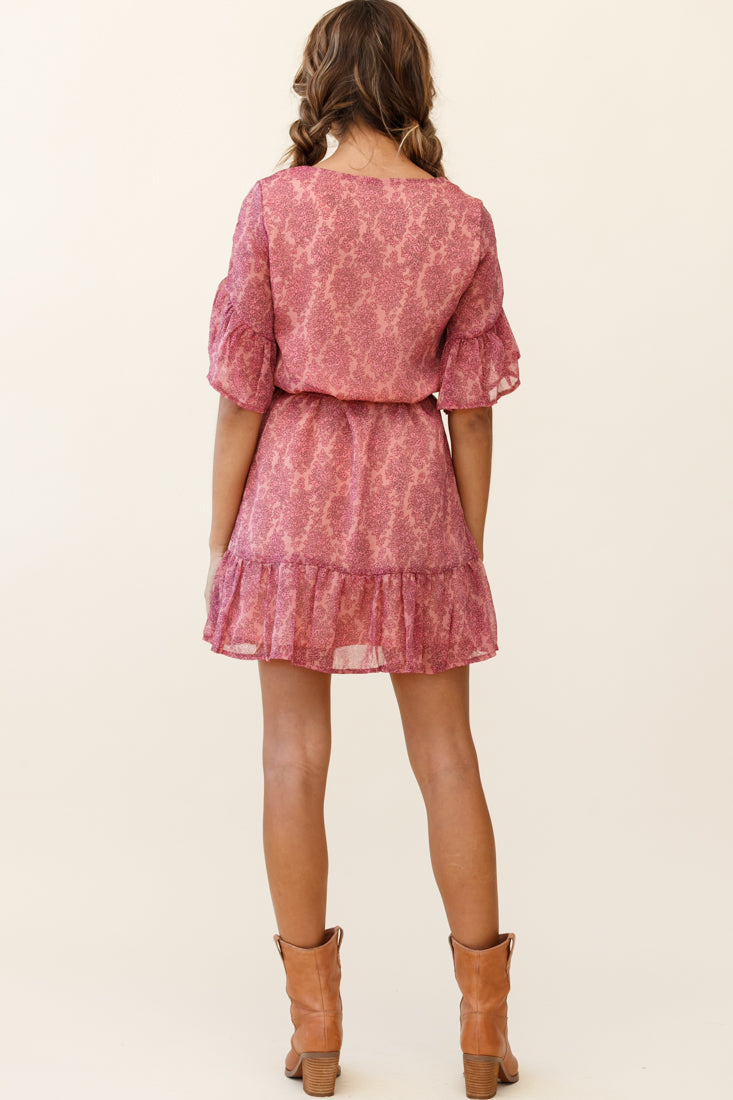 Azealia Ruffle Hem Dress Floral Pattern Pink by Selfie Leslie