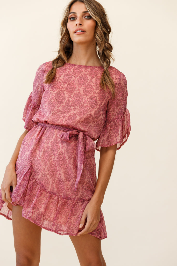 Azealia Ruffle Hem Dress Floral Pattern Pink by Selfie Leslie