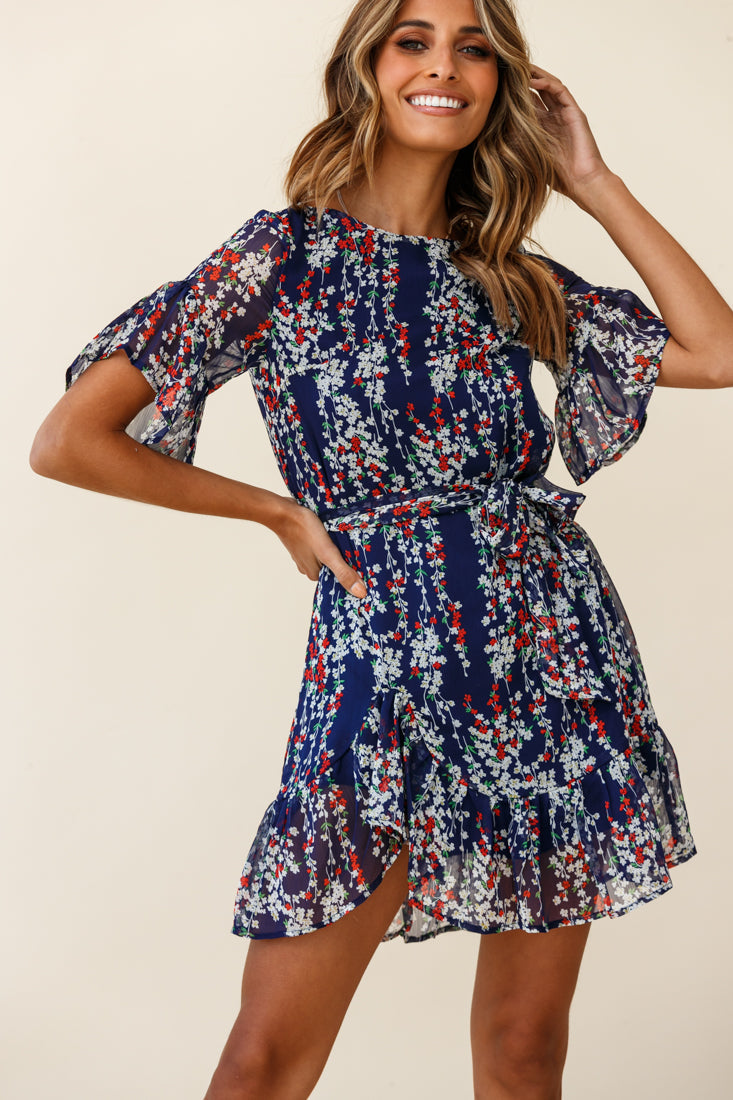 Azealia Ruffle Hem Dress Floral Print Navy by Selfie Leslie