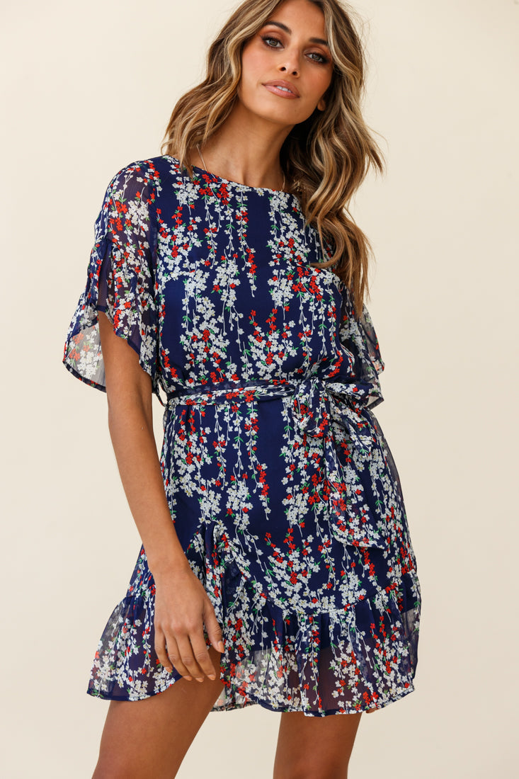 Azealia Ruffle Hem Dress Floral Print Navy by Selfie Leslie
