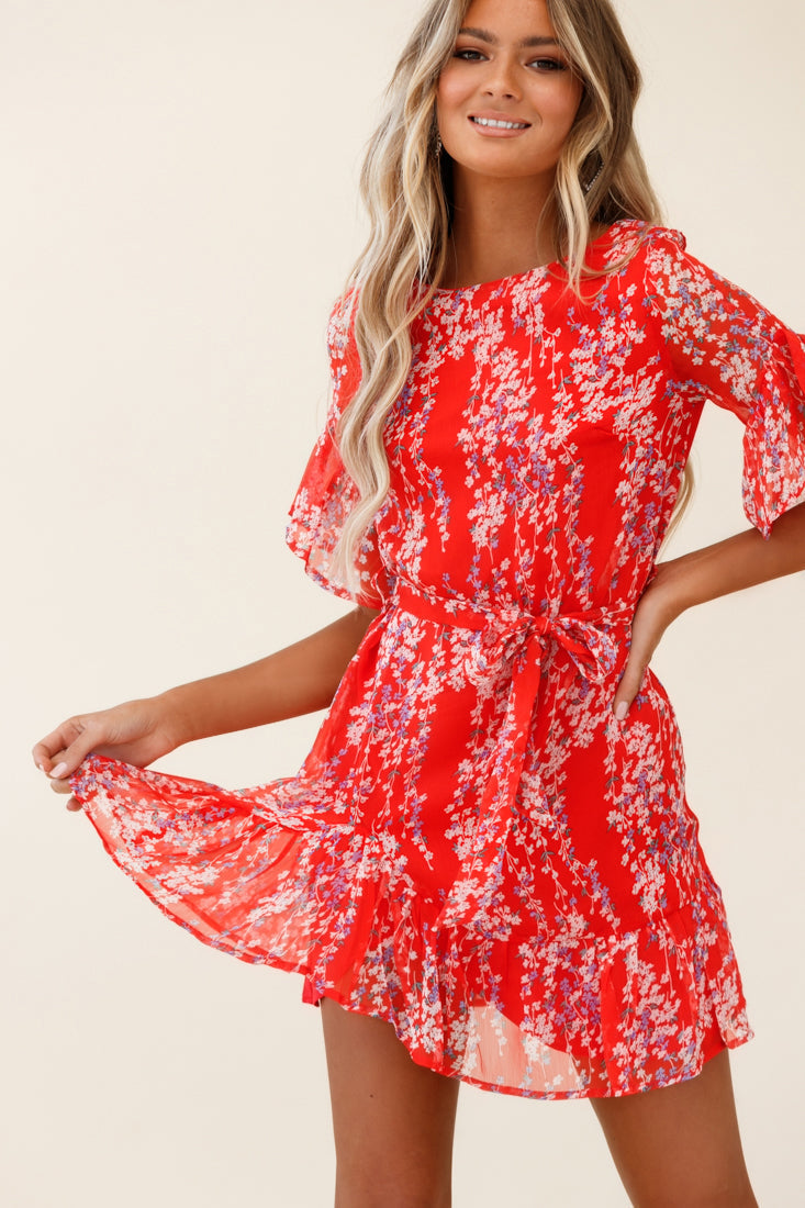 Azealia Ruffle Hem Dress Floral Spring Print Red by Selfie Leslie