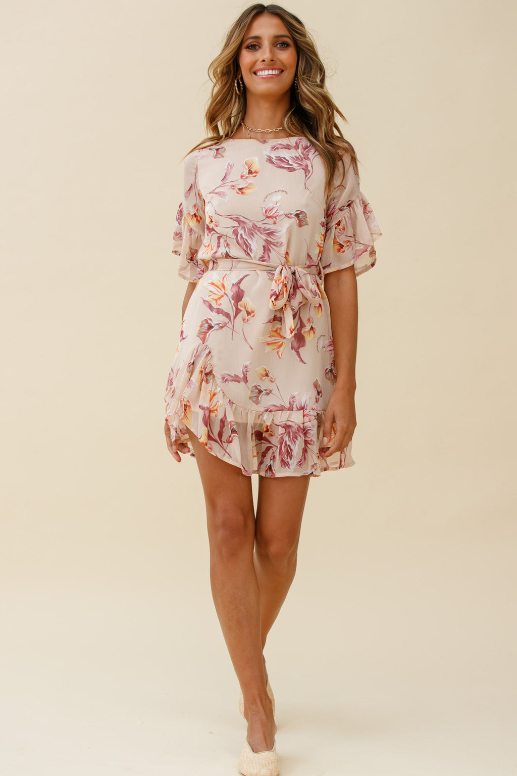 Azealia Ruffle Hem Dress Botanic Print Beige by Selfie Leslie