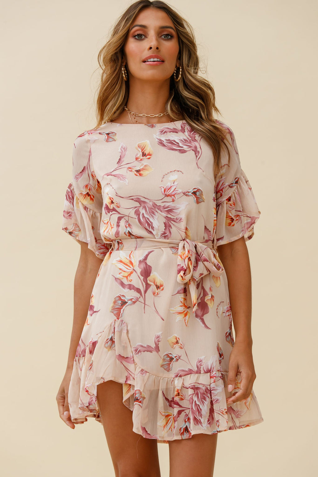 Azealia Ruffle Hem Dress Botanic Print Beige by Selfie Leslie