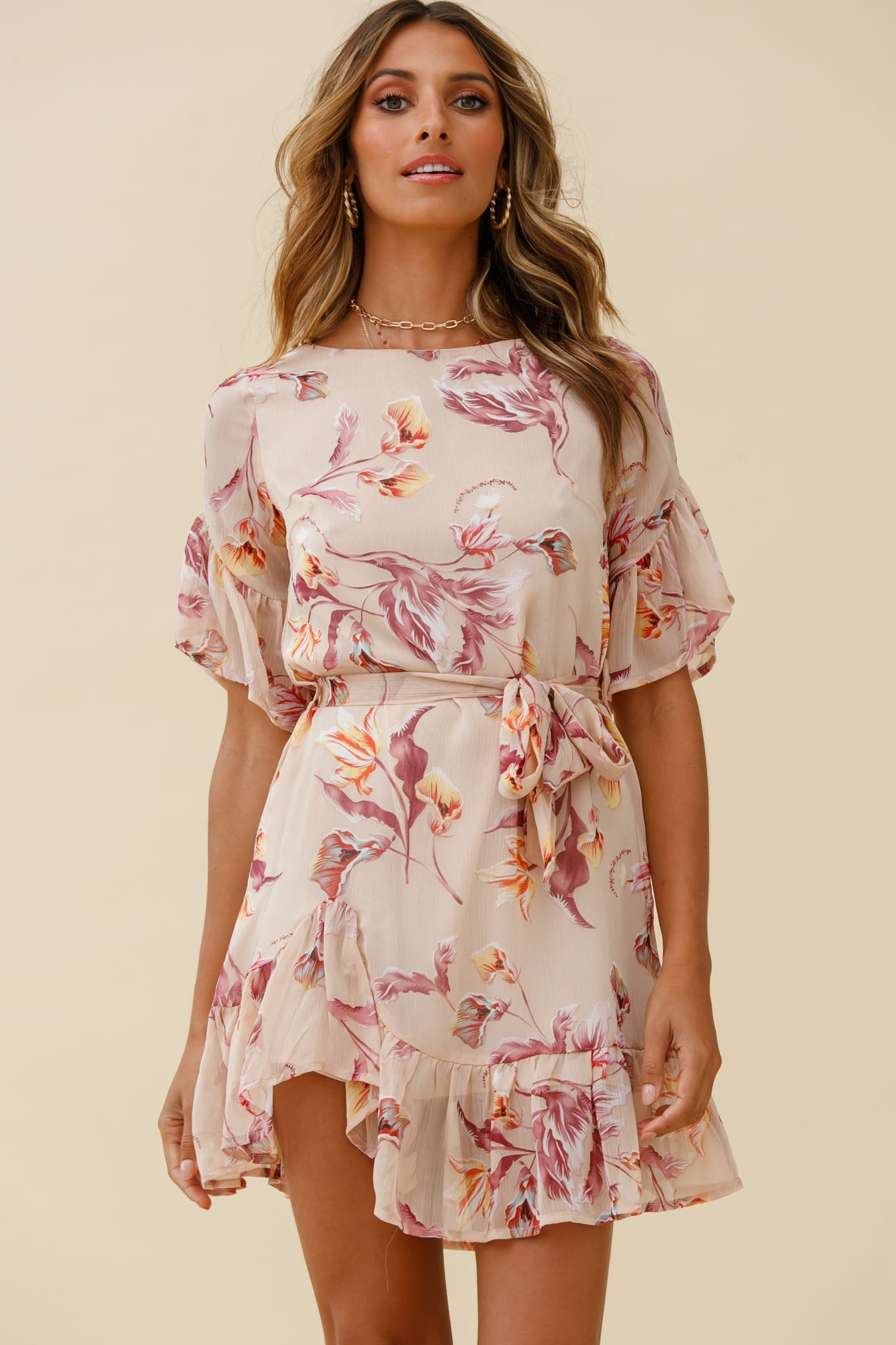 Azealia Ruffle Hem Dress Botanic Print Beige by Selfie Leslie