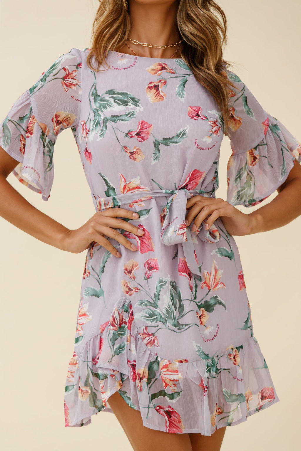Azealia Ruffle Hem Dress Botanic Print Purple by Selfie Leslie