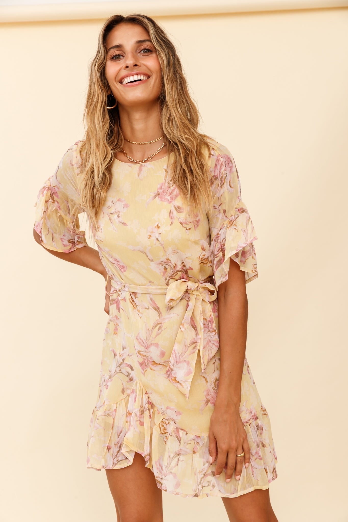 Azealia Ruffle Hem Dress Orchid Print Yellow by Selfie Leslie