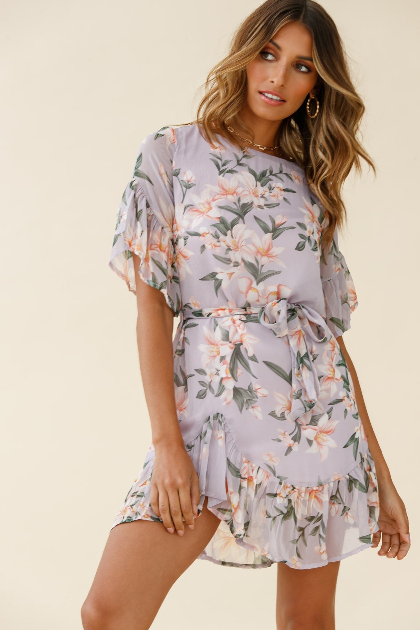 Azealia Ruffle Hem Dress Flower Print Purple by Selfie Leslie