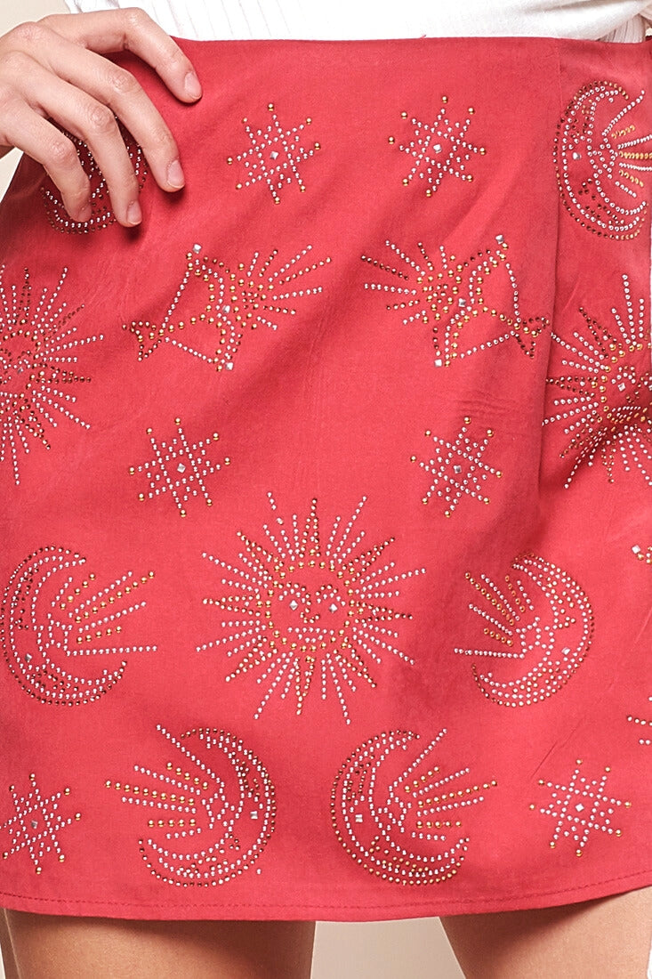 Mari Astrology Embellishment Mini Skirt Red by Selfie Leslie
