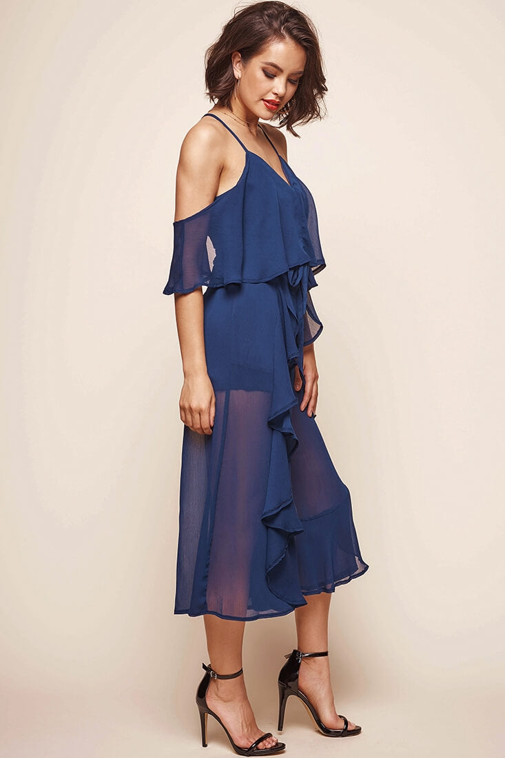 Constance Midi Ruffle Jumpsuit Navy by Selfie Leslie