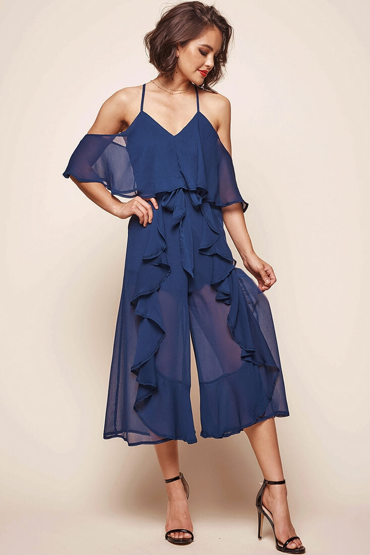Constance Midi Ruffle Jumpsuit Navy by Selfie Leslie