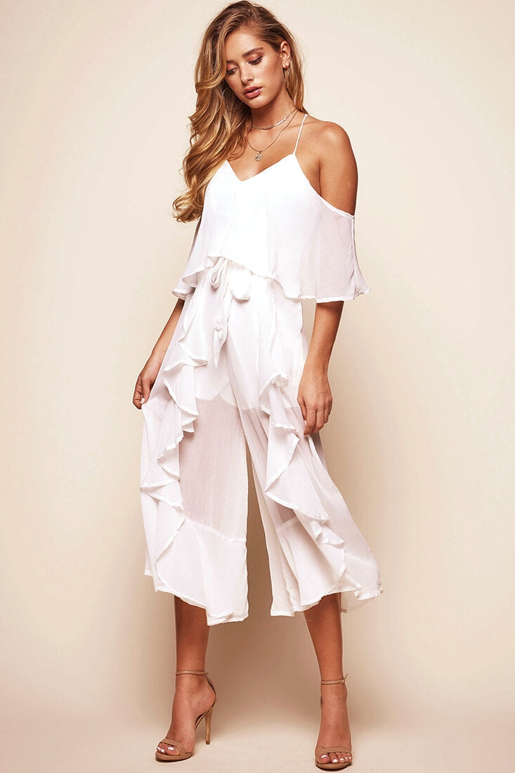 Constance Midi Ruffle Jumpsuit White by Selfie Leslie