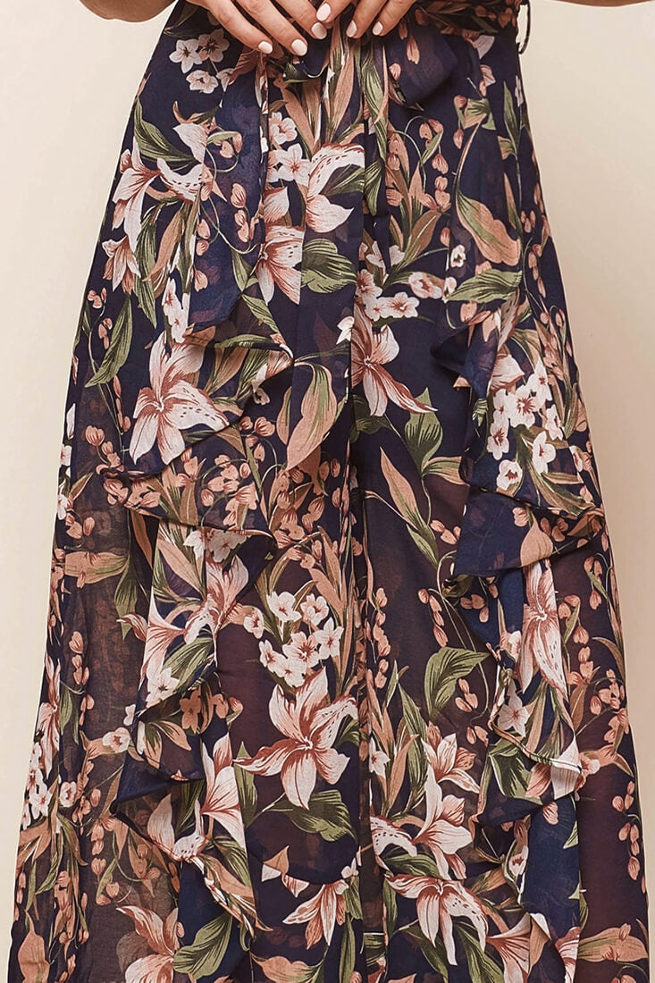 Constance Wide Leg Ruffle Pants Navy Print by Selfie Leslie