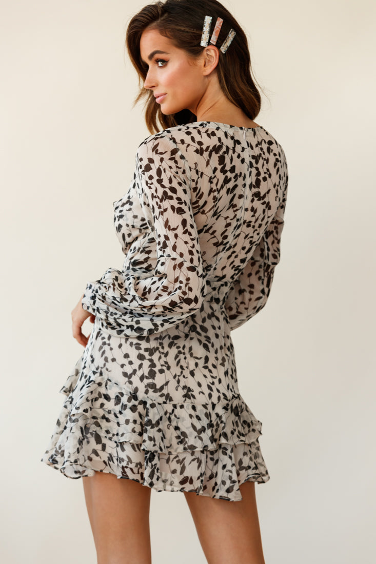 Kerry Layered Long Sleeve Dress Leaf Print Beige by Selfie Leslie
