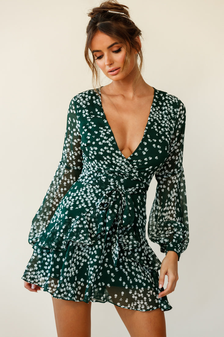 Kerry Layered Balloon Sleeve Dress Flower Print Forest Green by Selfie Leslie