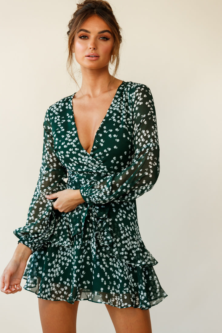 Kerry Layered Balloon Sleeve Dress Flower Print Forest Green by Selfie Leslie